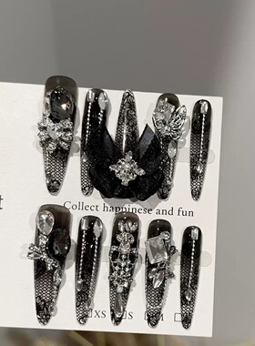 Black Lace Bow Silver Rhinestone Press On Nails