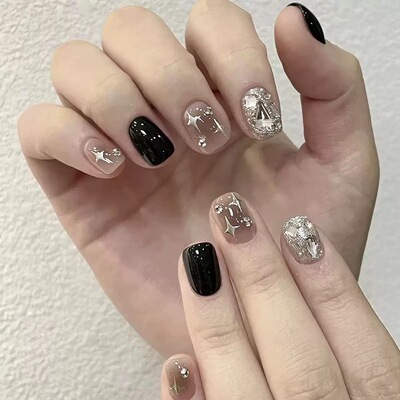Black & Nude Press On Nails with Star & Rhinestones