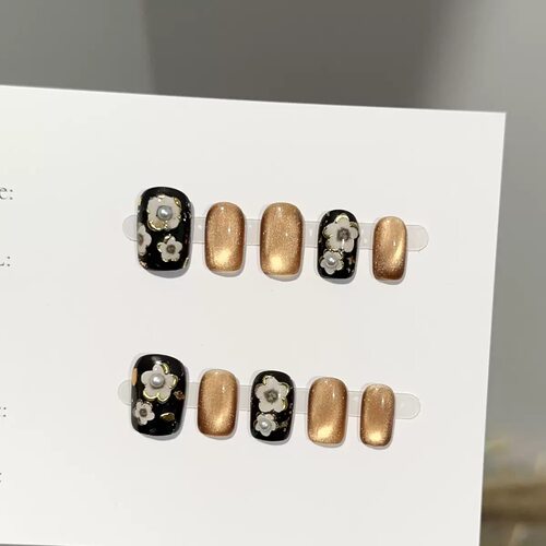 Black Gold Cat Eye Floral Press On Nails