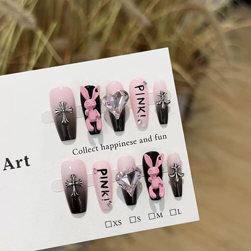Pink Black Bunny Cross Rhinestone Press On Nails
