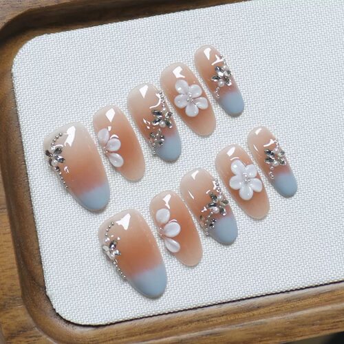 Handmade Pink Flower Bow Rhinestone Press On Nails