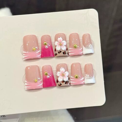 Handmade Pink Floral & Seashell Press On Nails