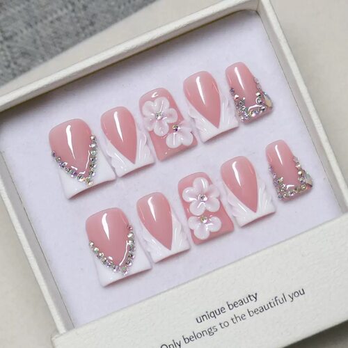Pink White Flower Rhinestone Square Press On Nails