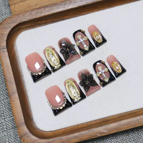 Cross Virgin Flower Rhinestone Coffin Press On Nails