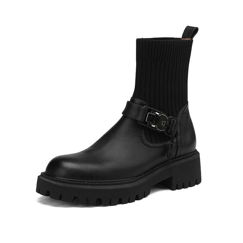 LEATHER BOOTS SHORT WOMEN 2024 NEW MARTIN BOOTS WOMENS PLATFORM HIGH HEEL VINTAGE SOCK BOOTS AUTUMN AND WINTER BLOCK HEEL BOOTS FASHION