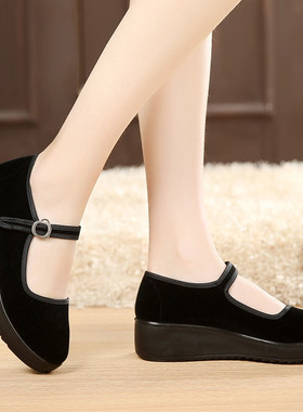厚底老北京布鞋女工作鞋女鞋黑色平跟坡跟舞蹈鞋高跟鞋单鞋酒店鞋