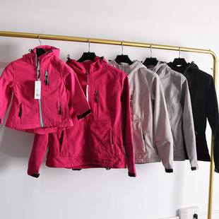 亲子户外运动休闲软壳衣女 秋冬加厚透气保暖防风连帽外套E51