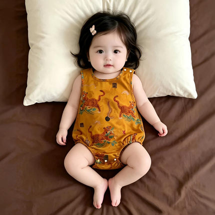 夏装宝宝夏季无袖连体衣薄款衣服婴儿中国中式周岁百天礼服包屁衣