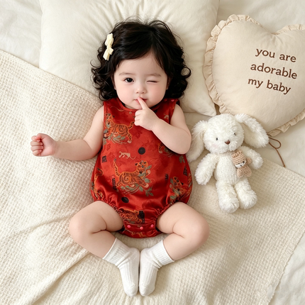 满月夏季婴儿薄款国风衣服中国百天新中式连体衣宝宝无袖周岁礼服