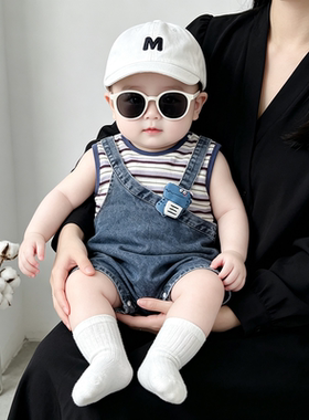 婴幼儿夏装新款牛仔背带短裤男宝宝小童夏季连体衣服洋气两件套装