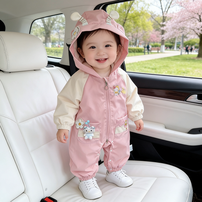 婴儿可爱连帽双层连体衣女宝宝冲锋衣爬服春秋超萌公主外出服哈衣