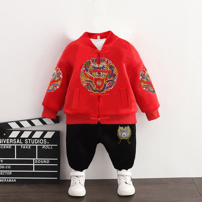 宝宝唐装冬装女童套装加绒加厚儿童汉服男童拜年服过年喜庆婴儿装