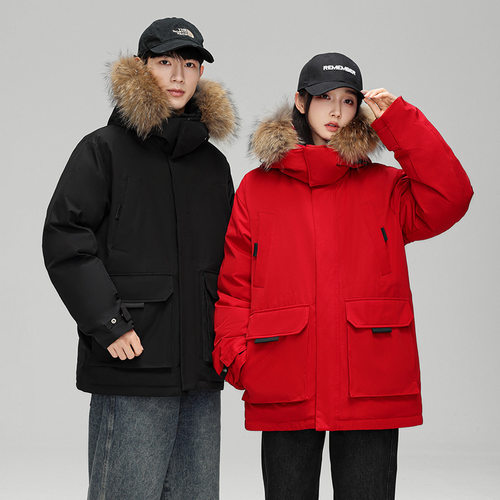 连帽羽绒服男女短款定制加厚御寒高端保暖宽松毛领迷彩羽绒服男女