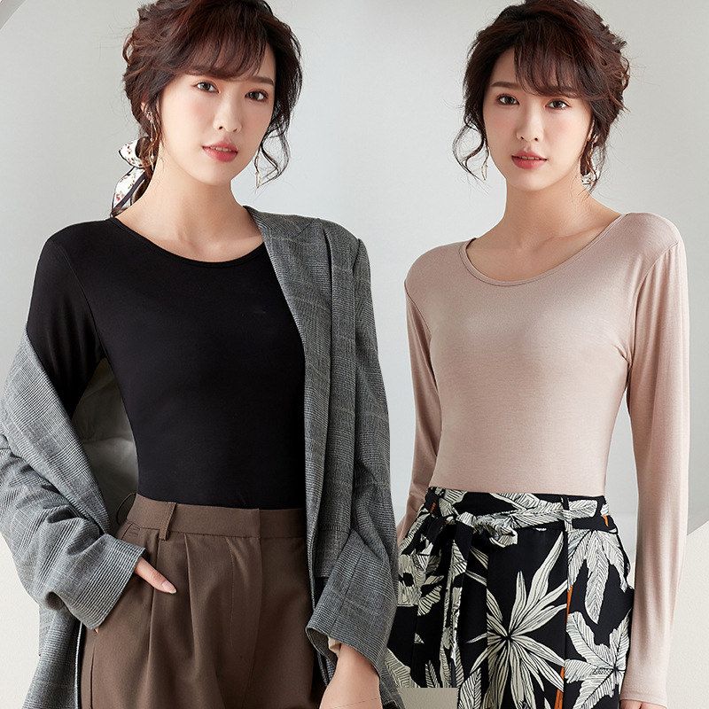 莫代尔圆领长袖t恤女秋季新款女装纯色百搭上衣修身大码打底衫女