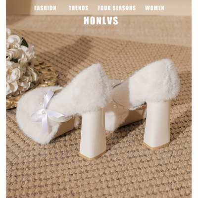 米白色防水台高跟鞋粗跟毛毛鞋