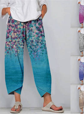 women pants plus size casual summer Beach print trousers女裤