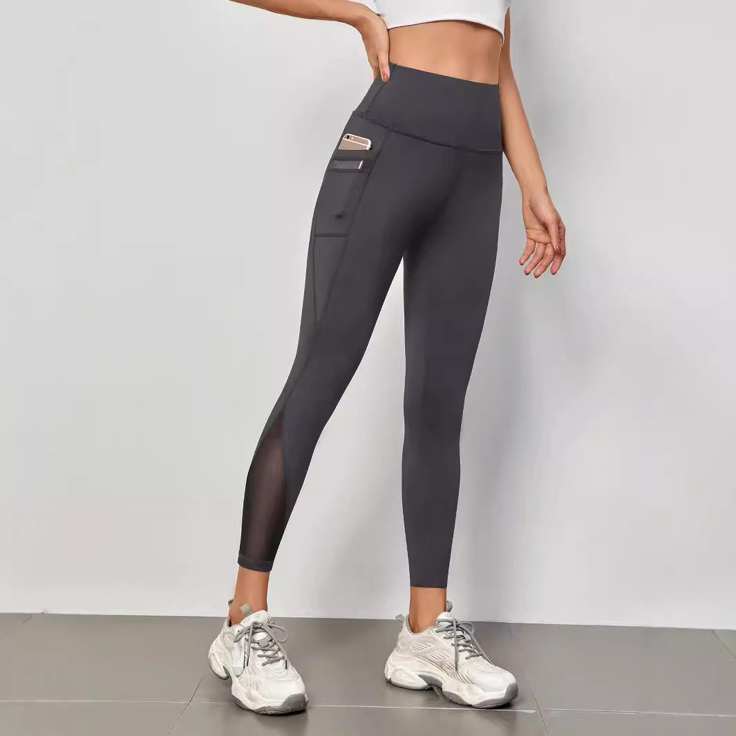 women clothes跨境欧美时尚高腰网纱拼接瑜伽裤口袋速干透气提臀