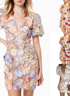 women clothes欧美跨境INS新品V领立体花朵包臀灯笼袖连衣裙性感