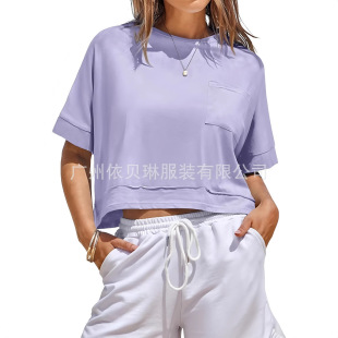 women clothes女式超大露脐上衣锻炼短袖 T 恤夏季休闲宽松基本款