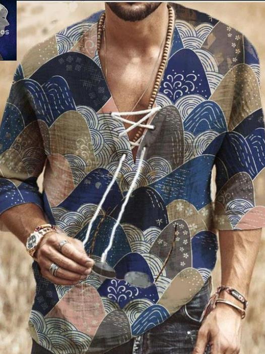 Men T-shirt欧美风短袖上衣2023夏季男薄款抽绳衬衫七分袖V领T恤