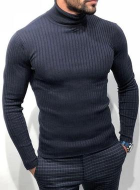 外贸男装2023秋新款高领黑色针织衫长袖毛衣打底衫men's knitwear
