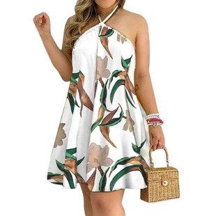 欧洲站小个子夏季新品渐变碎花挂脖系带露背简约宽松无袖连衣裙女