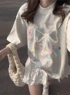 美式灰色纯棉短袖t恤女大童2026新款韩系初中生夏日穿搭宽松上衣