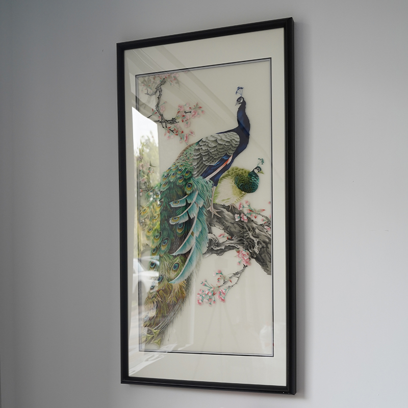 手工苏绣富贵吉祥新中式木框装饰画书房卧室客厅成品孔雀刺绣挂画图片