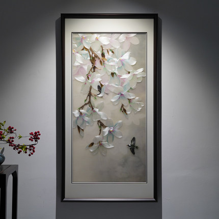 新中式玉兰花刺绣挂画书房玄关客厅手工苏绣喜上玉兰实木框装饰画