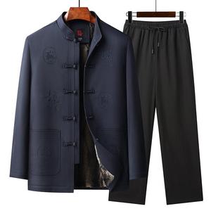 秋冬唐装男加绒加厚爸爸棉衣外套套装中国风老人棉服爷爷棉袄夹克