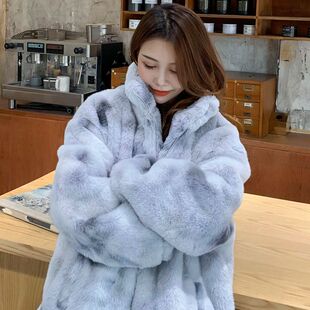 羊羔绒2026冬季女款新款扎染棉服外套仿兔毛立领宽松加厚皮草外套