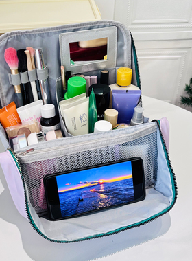 可立式化妆包女带镜子便携挂行李箱外出旅行手提大容量分区收纳包