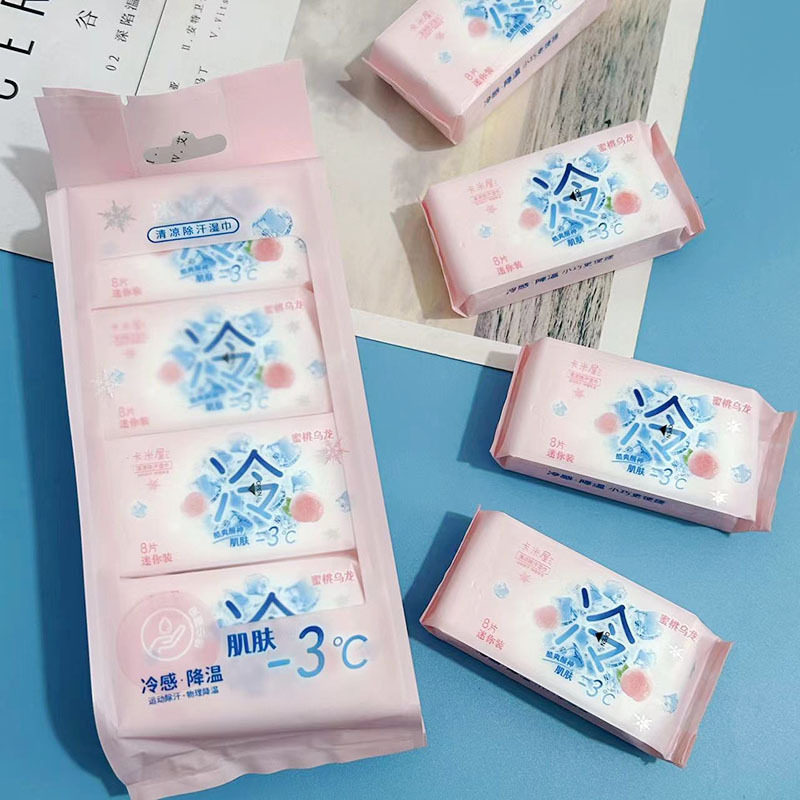 Peach Mint Cooling Wipes for Summer, Cooling and Heat Protection, Moisturizing and Skin-Friendly, Not Easy to Break, Portable Small Pack for Wiping Sweat, Travel Size