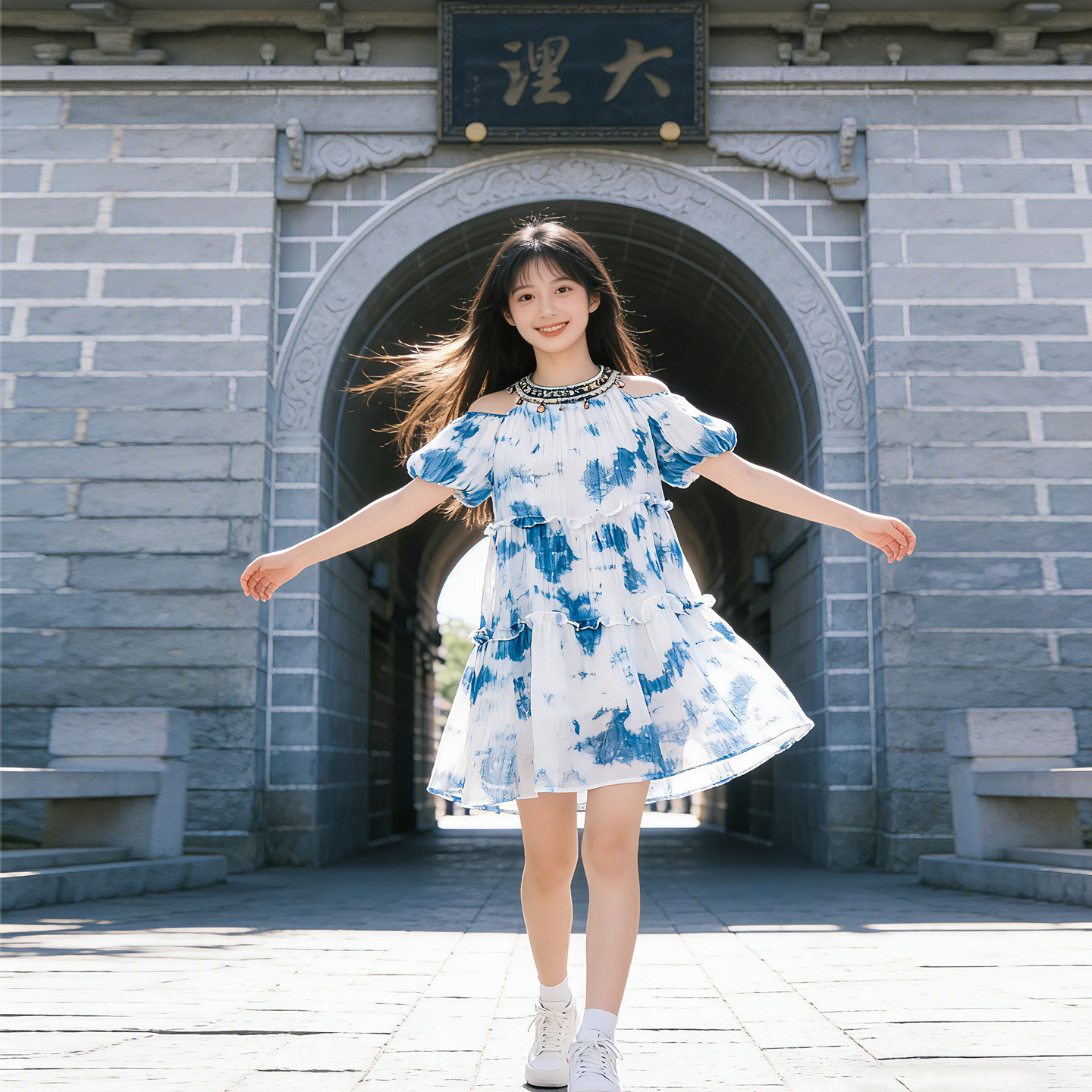 大理纯手工扎染小个子挂脖连衣裙夏季旅游休闲露肩公主袖少女中裙