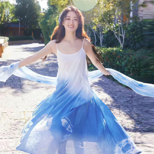 赵丽颖同款 大理扎染手工植物染云南旅游飘逸抽褶文艺范吊带连衣裙