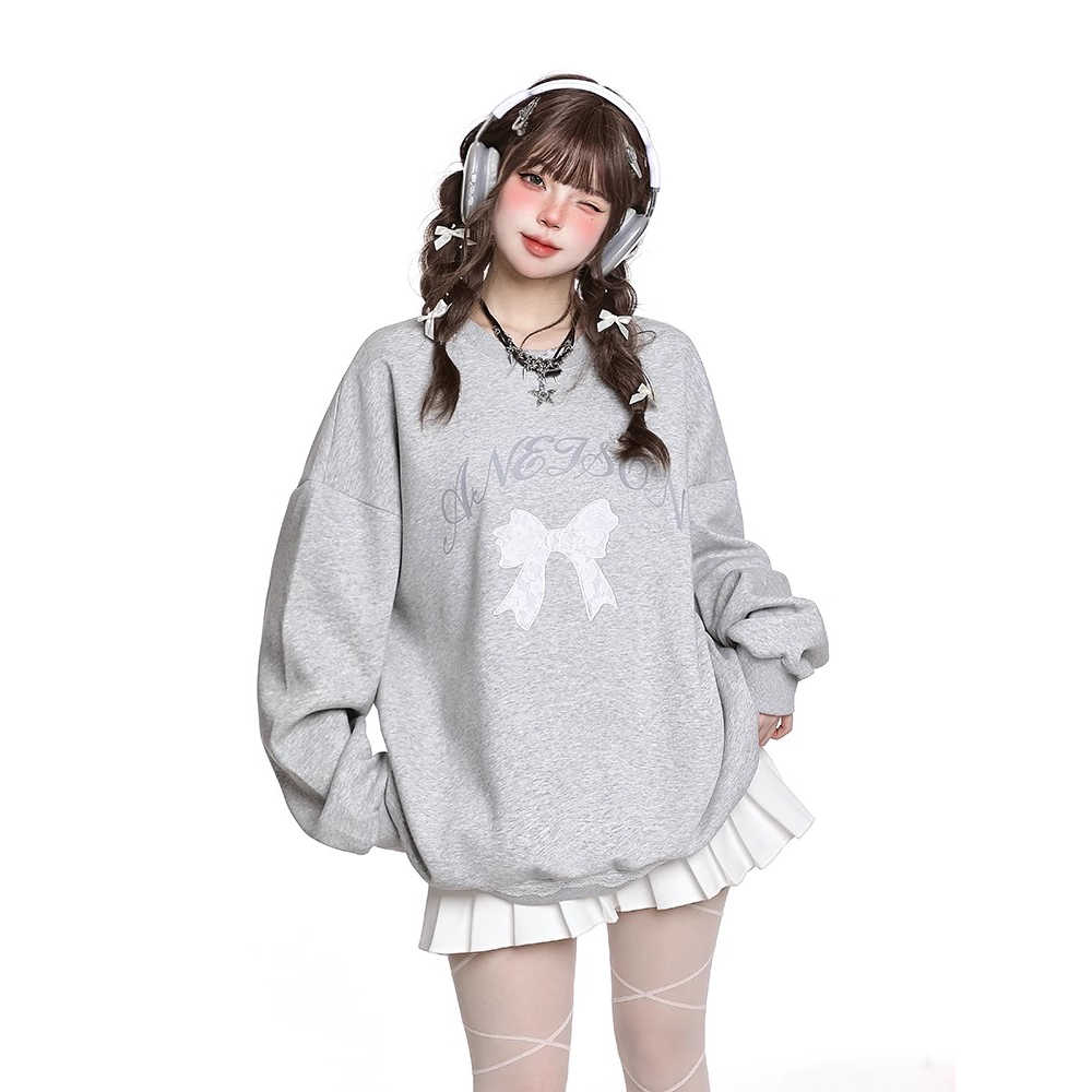 灰色蝴蝶结印花圆领卫衣女秋冬季加绒无帽学院风休闲宽松长袖上衣