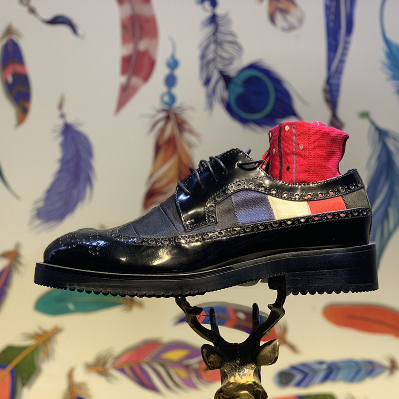 JINIWU吾倪季2025新布洛克红白蓝织带系带小厚底牛皮手工雕花皮鞋,流行男鞋,正装皮鞋,淘宝优惠券,粉丝福利购,淘宝优惠卷