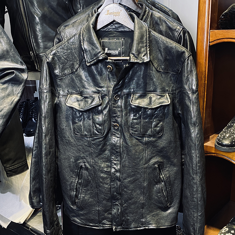 JINIWU吾倪季2025绵羊皮皮衣重水洗进口真皮衬衫皮衣做旧复古外套