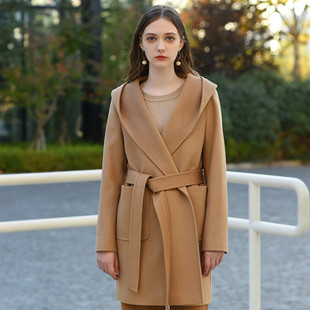 连帽羊绒大衣小个子女新款水波纹驼绒秋冬短款驼色休闲腰带外套女