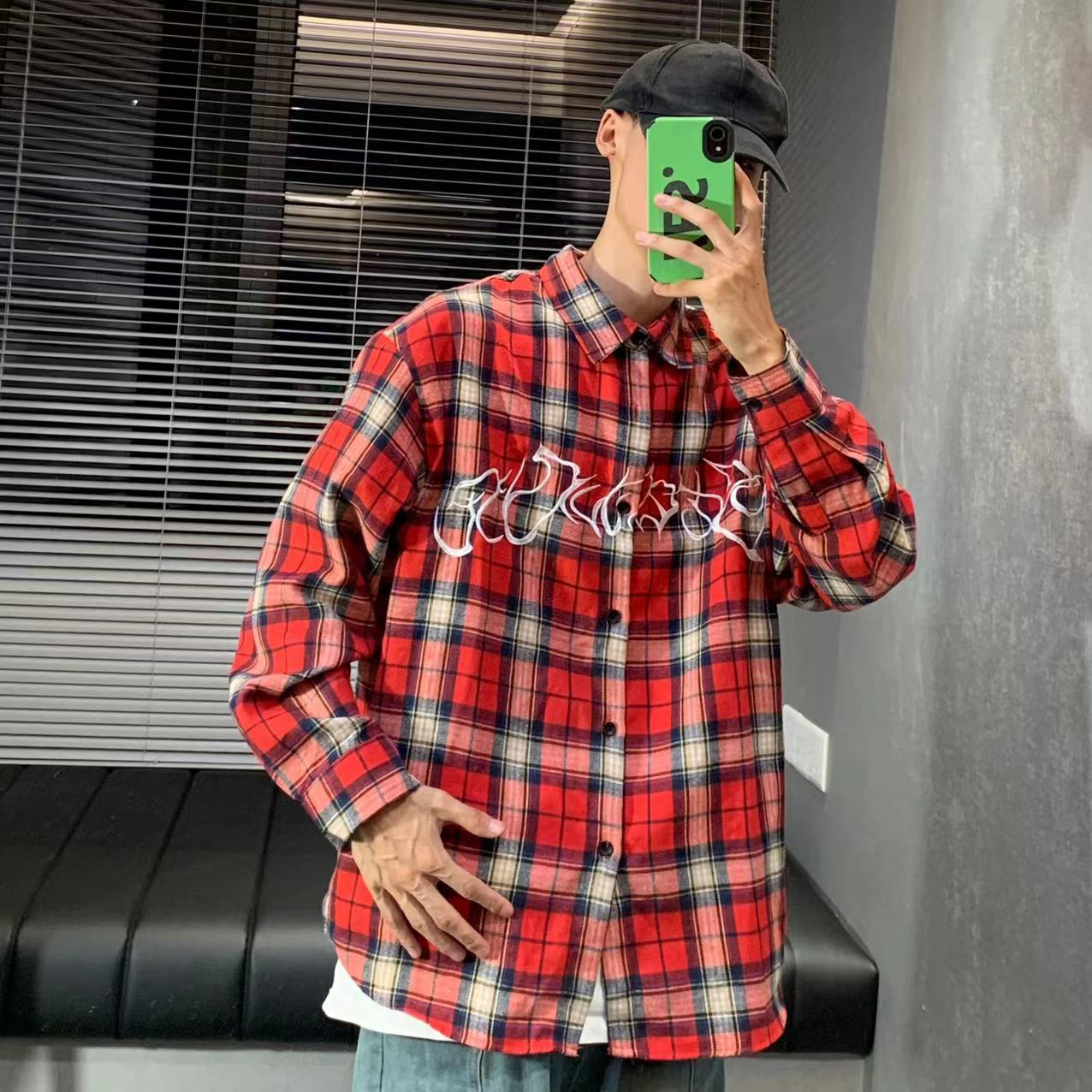 美式长袖格子衬衫潮流翻领