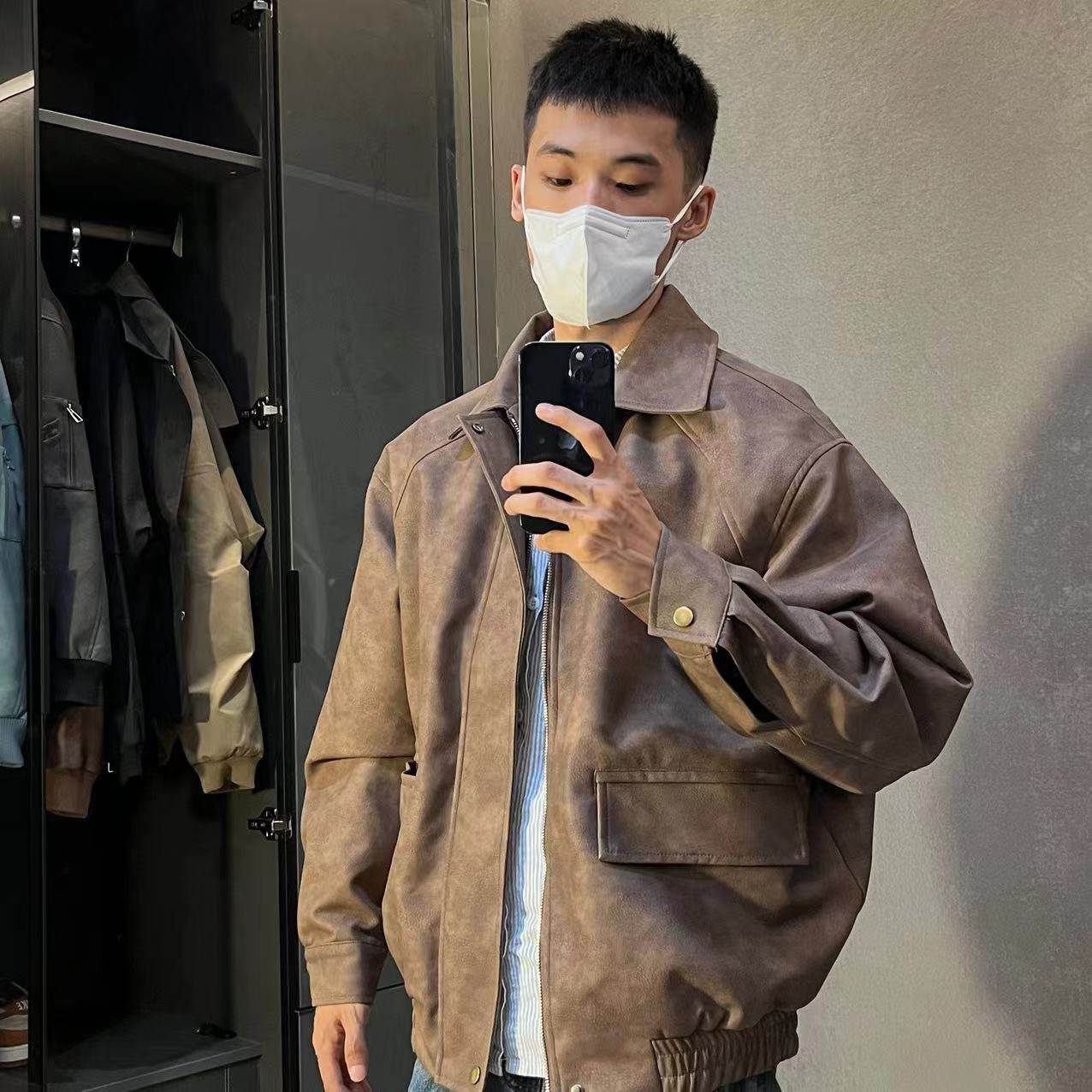 美式垫肩夹克皮衣外套翻领