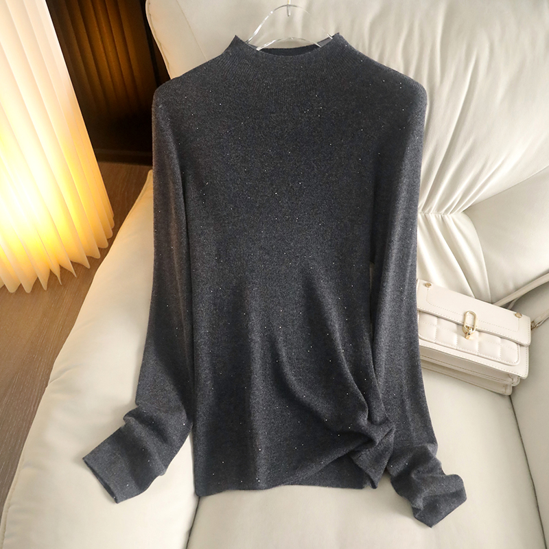绵羊毛套头半高领亮片针织打底衫