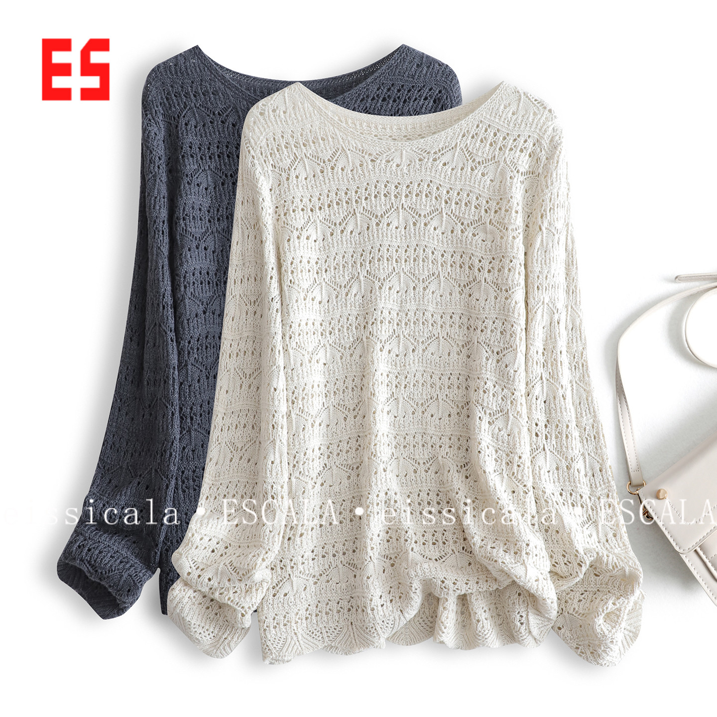 好肤感羊毛圆领镂空宽松针织罩衫