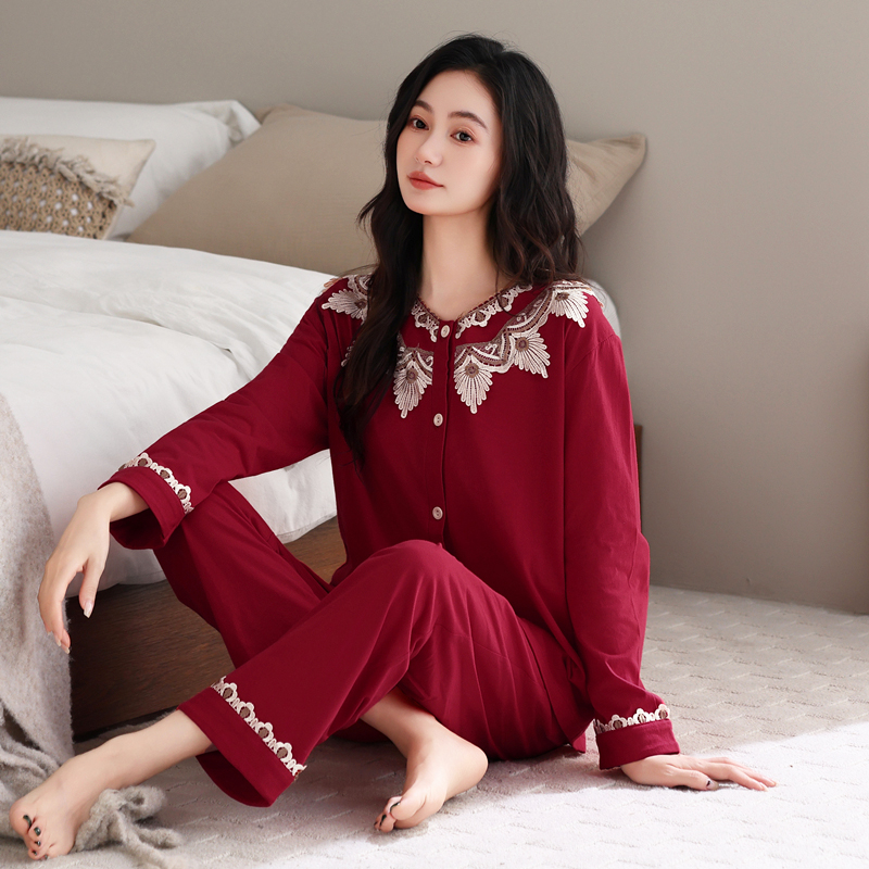 睡衣女春秋纯棉长袖女款2025年新款酒红色女士高级感本命年家居服