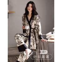 Pajama women spring and autumn pure cotton long-sleeved large-sized women's Chinese-style ink-wash painting loose nightgown long home wear set thumbnail 5