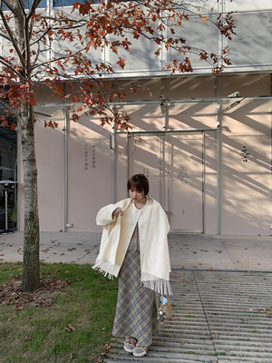 Komorebis简约流苏围巾斗篷羊毛大衣宽松休闲毛呢外套