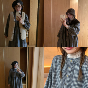 Komorebis 蓝色磨毛复古格纹衬衫宽松连衣裙秋冬内搭叠穿