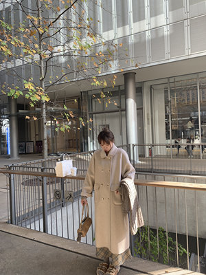 Komorebis燕麦色娃娃领翻领高品质全羊毛长款双排扣大衣
