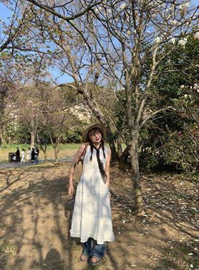 Komorebis 白色棉麻纹理质感花边打褶背心连衣裙叠穿