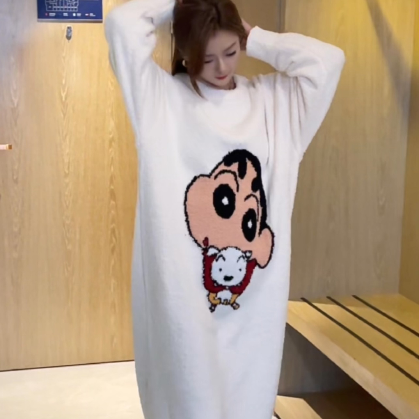 蜡笔小新半边绒睡衣女毛绒绒套装